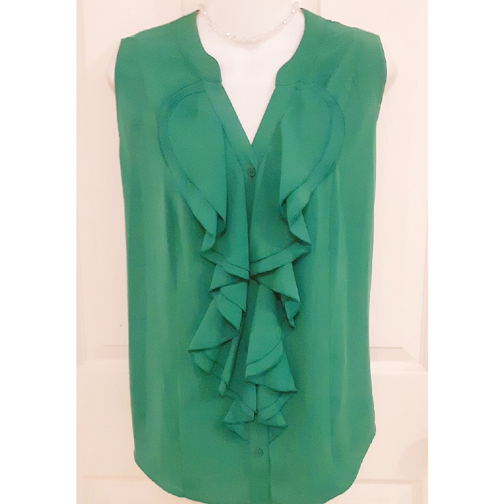 Emerald Button Down Sleeveless Ruffle Front Blouse
